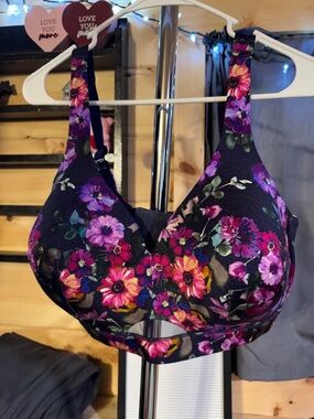 Cacique Black Bra with Pink & Purple Floral Print